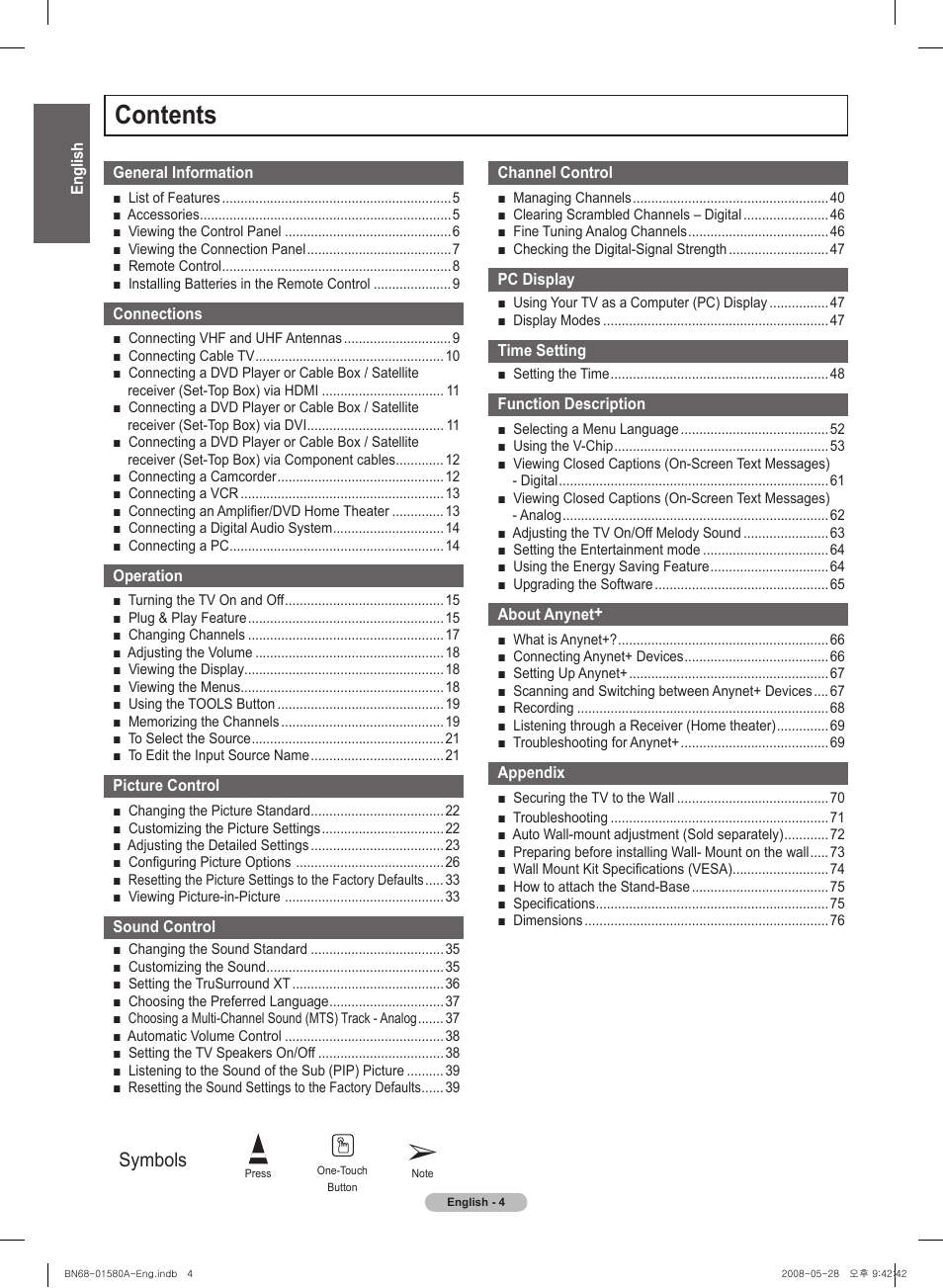 Samsung PN50A510P3FXZA User Manual | Page 4 / 162