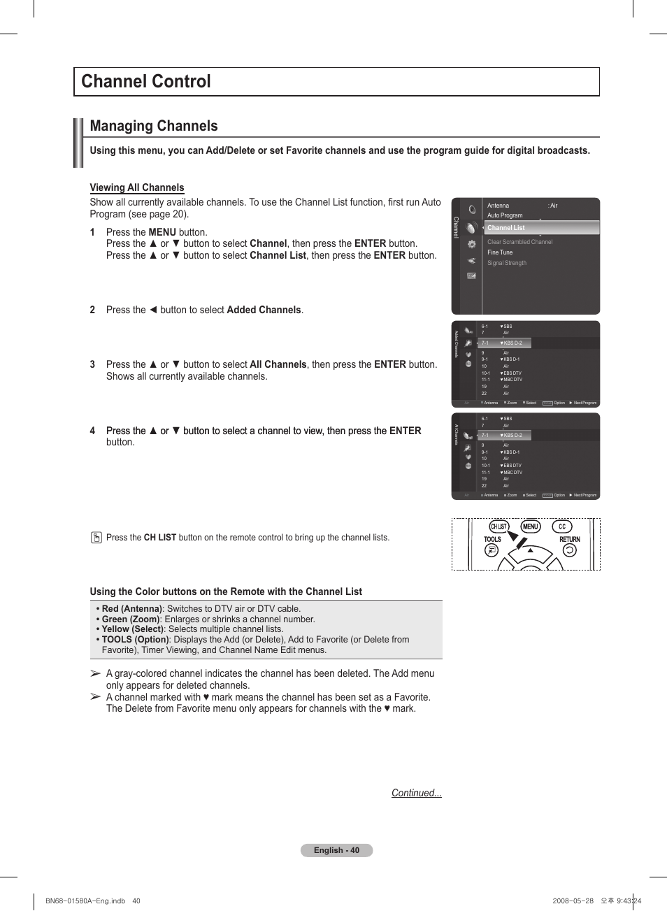 Channel control, Managing channels | Samsung PN50A510P3FXZA User Manual | Page 40 / 162