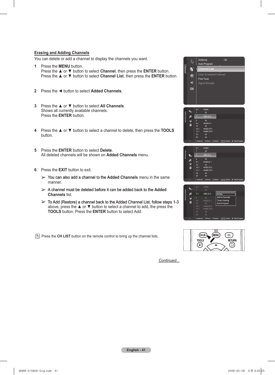 You can also add a channel to the, Continued | Samsung PN50A510P3FXZA User Manual | Page 41 / 162