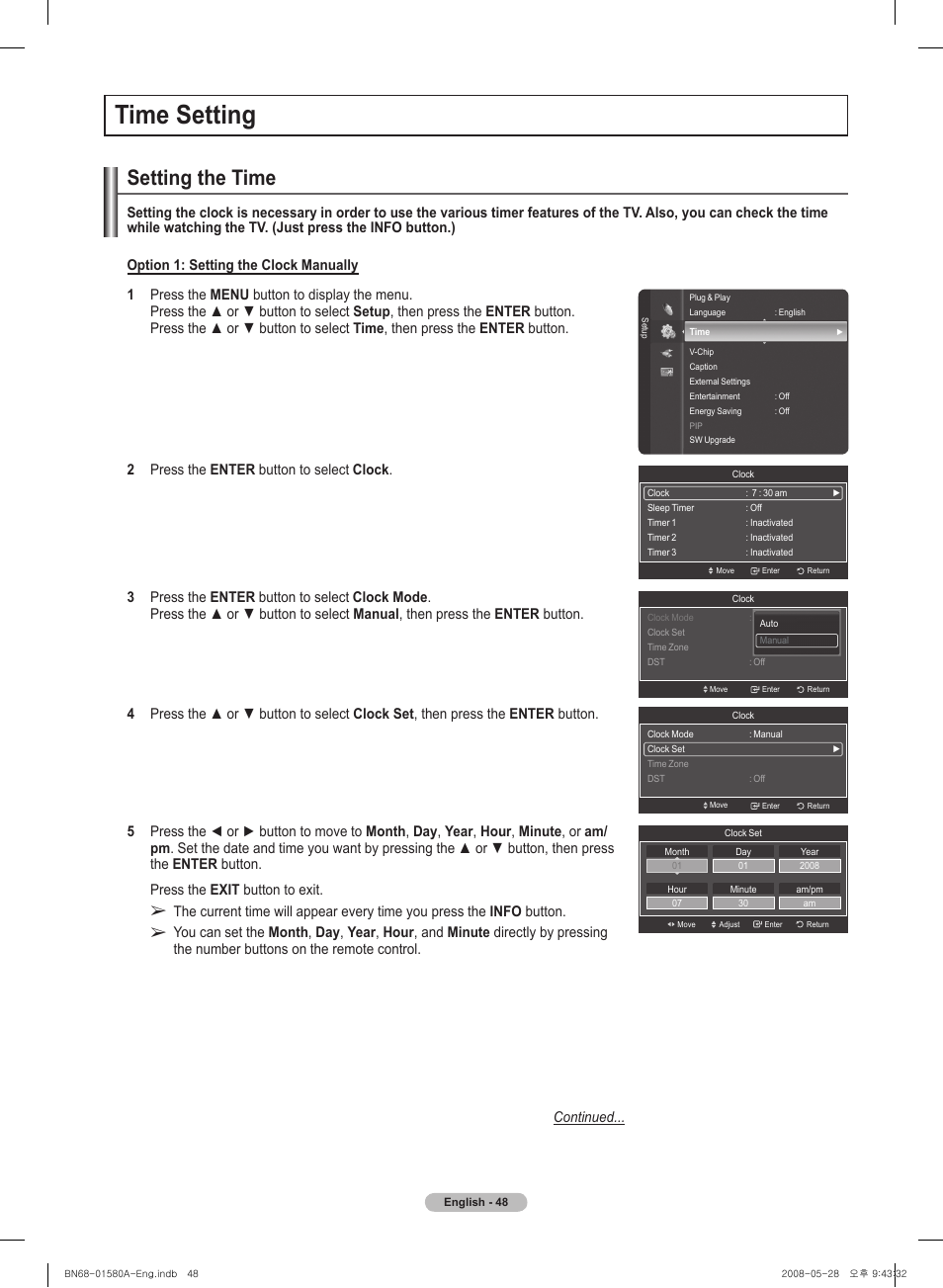 Time setting, Setting the time | Samsung PN50A510P3FXZA User Manual | Page 48 / 162