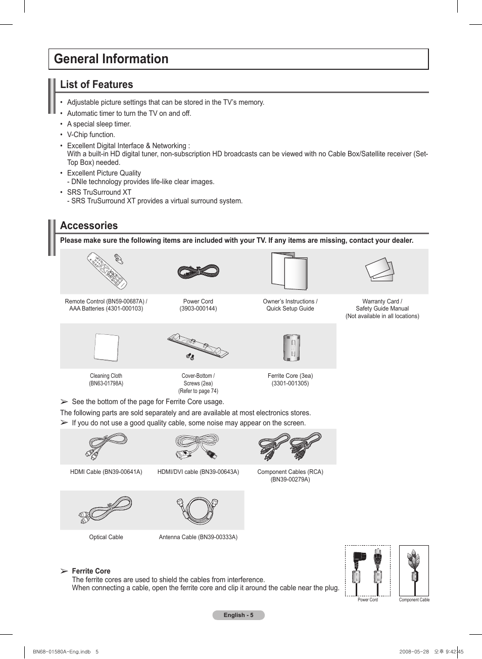 General information, List of features, Accessories | Samsung PN50A510P3FXZA User Manual | Page 5 / 162