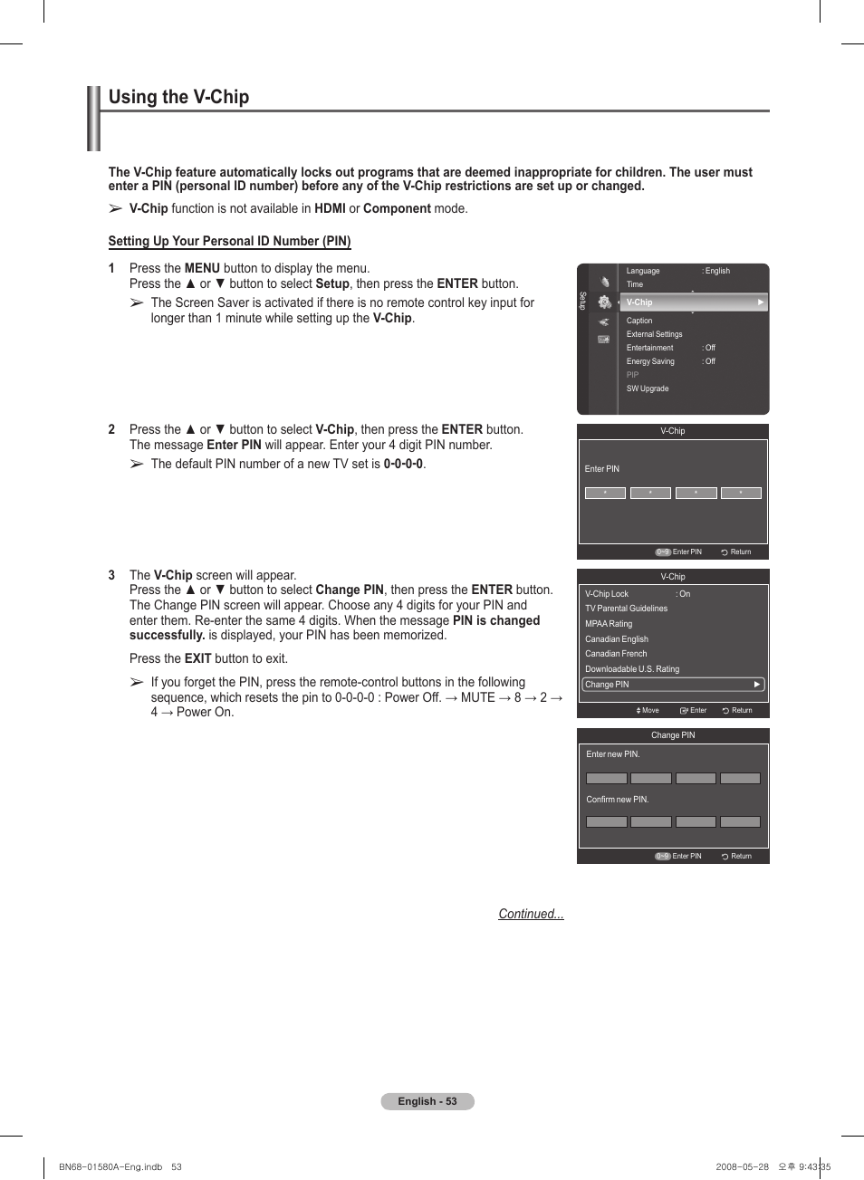 Using the v-chip | Samsung PN50A510P3FXZA User Manual | Page 53 / 162