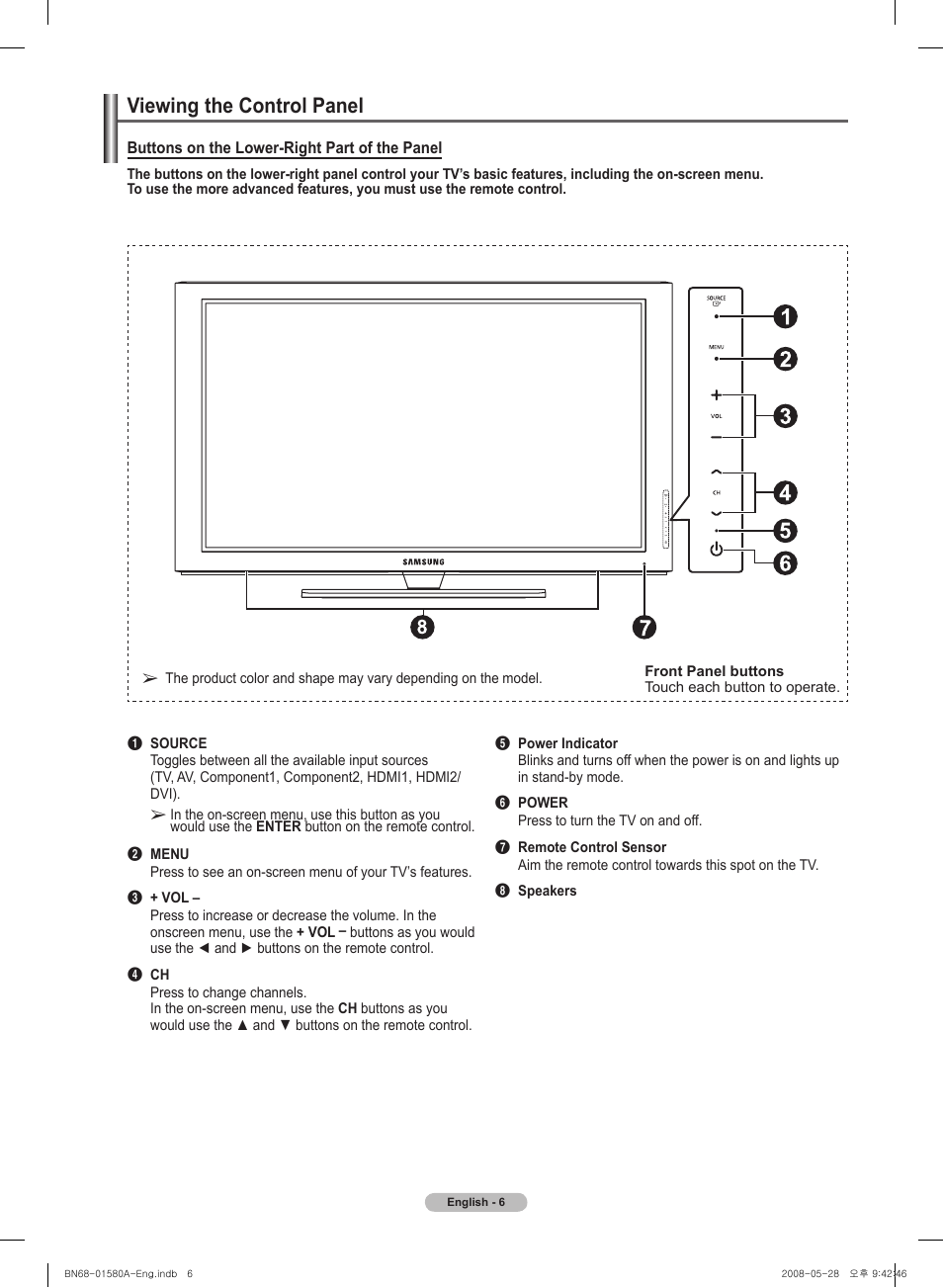 Viewing the control panel | Samsung PN50A510P3FXZA User Manual | Page 6 / 162