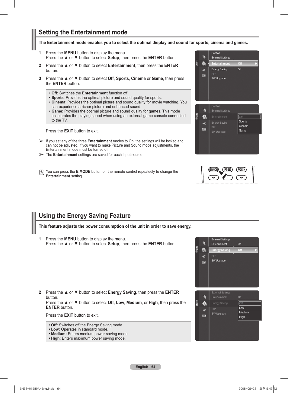 Setting the entertainment mode, Using the energy saving feature | Samsung PN50A510P3FXZA User Manual | Page 64 / 162