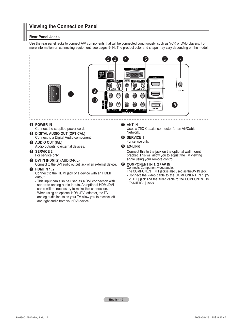 Viewing the connection panel | Samsung PN50A510P3FXZA User Manual | Page 7 / 162