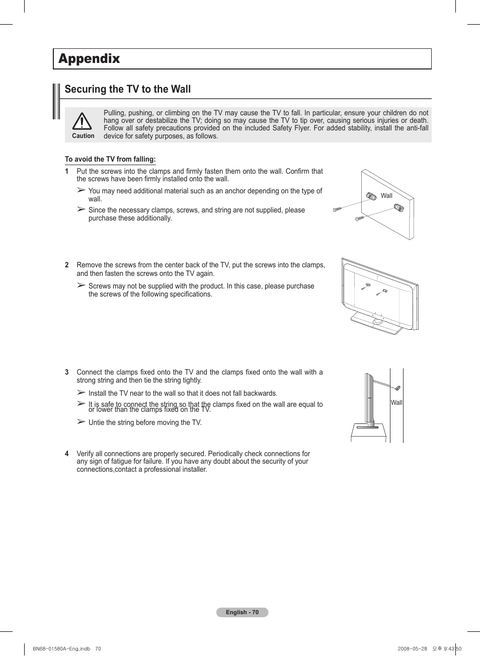 Appendix, Securing the tv to the wall, 경고 주의 경고 주의 | Samsung PN50A510P3FXZA User Manual | Page 70 / 162