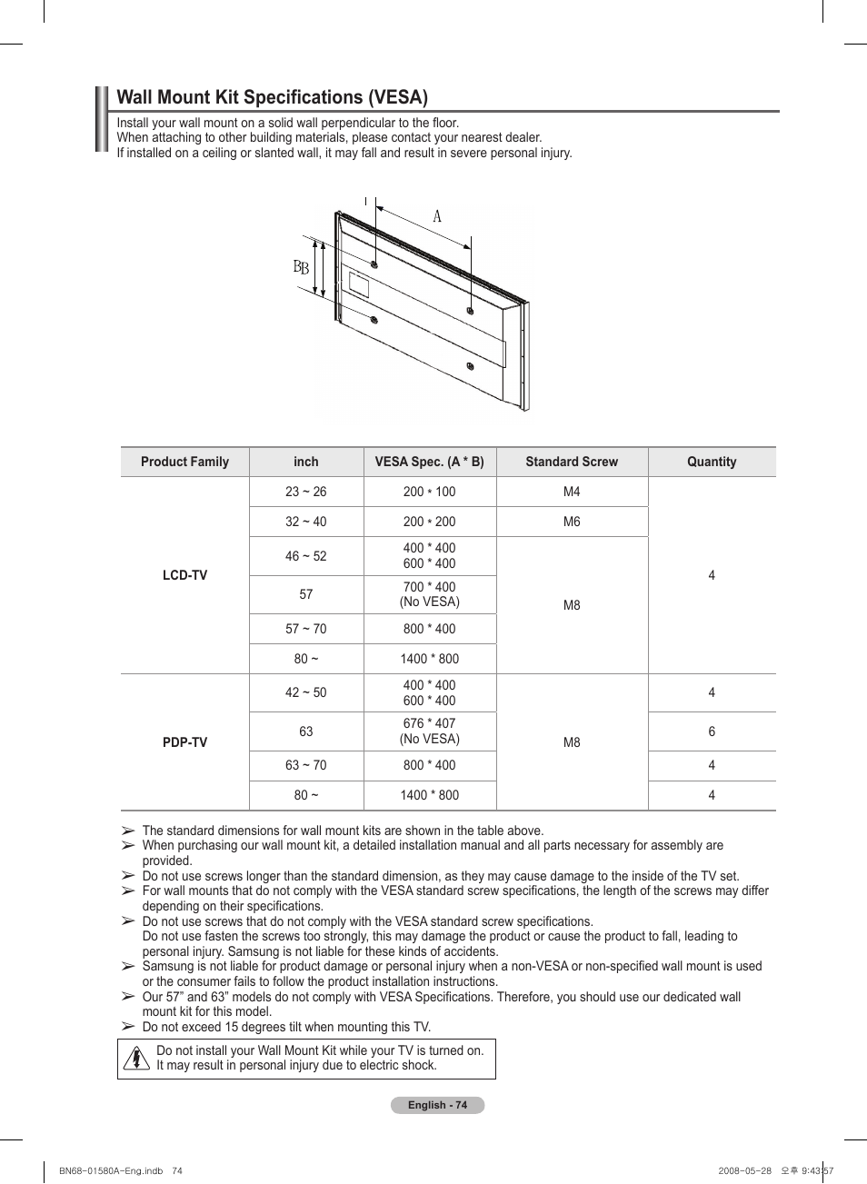 Wall mount kit specifications (vesa) | Samsung PN50A510P3FXZA User Manual | Page 74 / 162