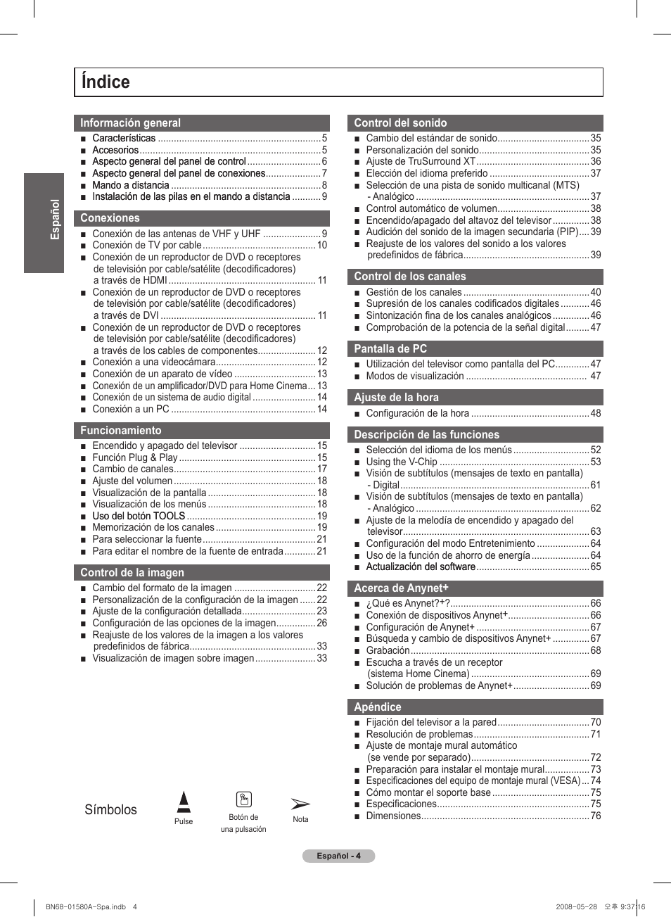 Índice, Símbolos | Samsung PN50A510P3FXZA User Manual | Page 88 / 162