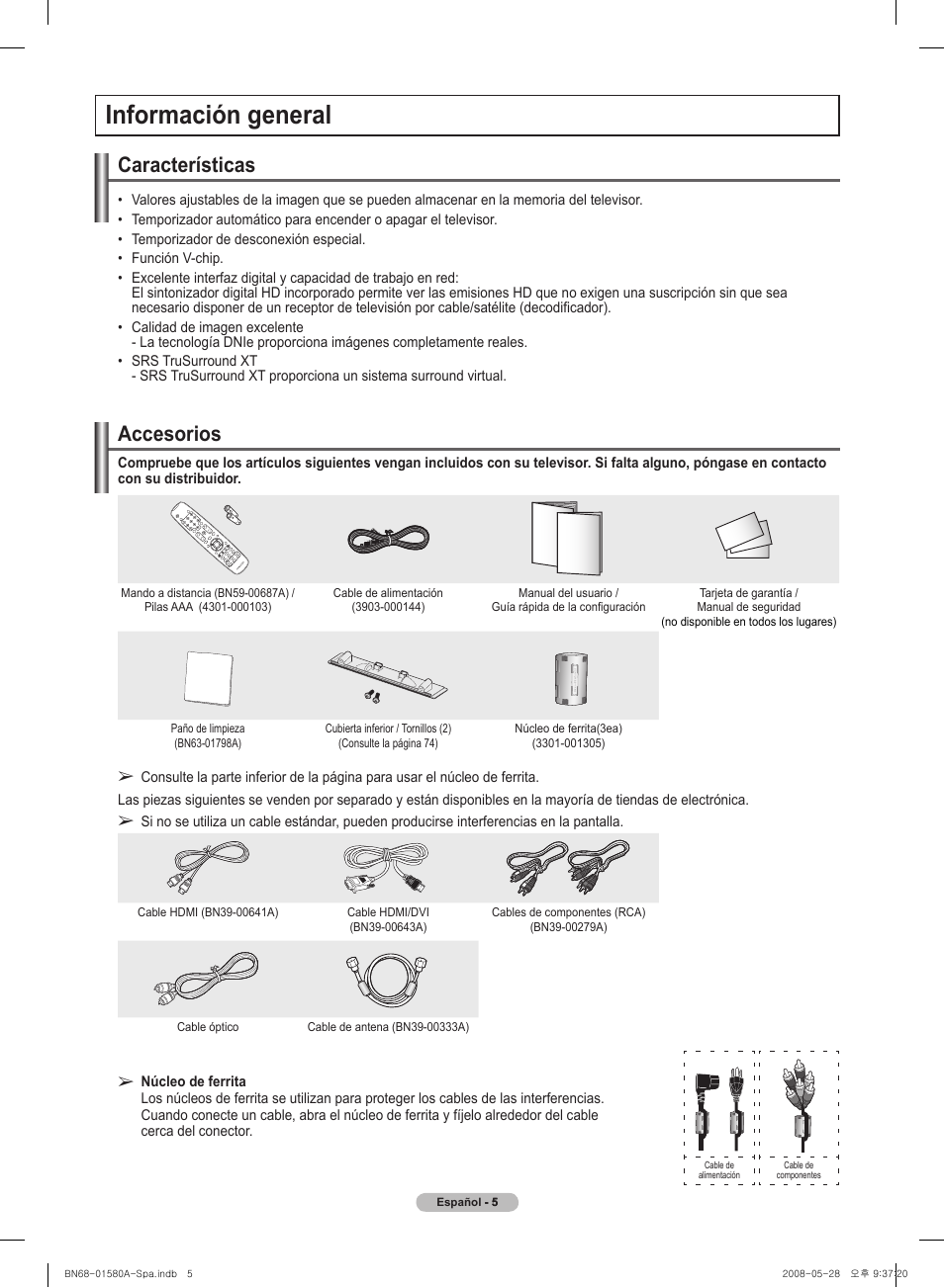 Información general, Características, Accesorios | Samsung PN50A510P3FXZA User Manual | Page 89 / 162