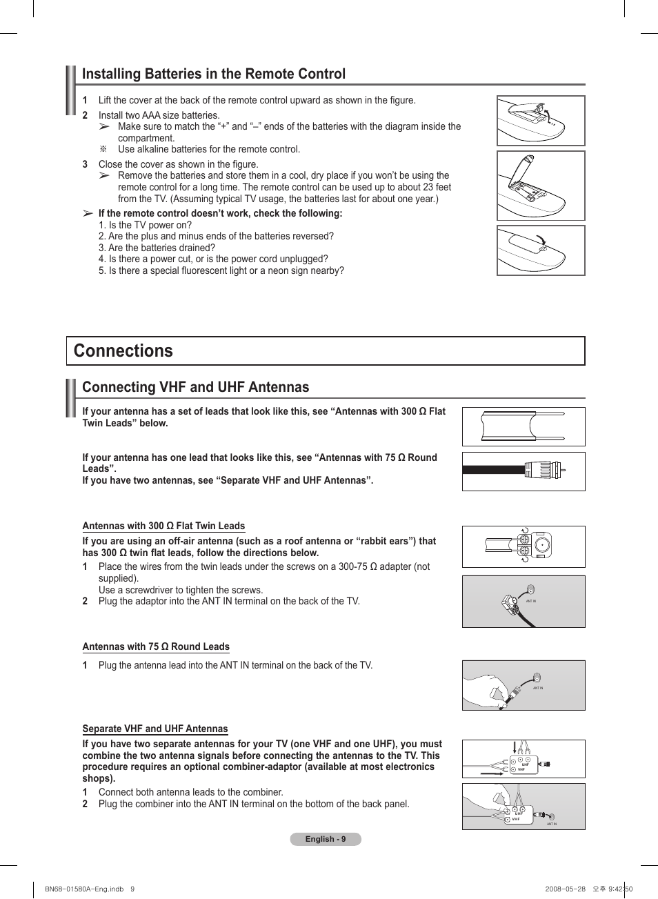 Installing batteries in the remote control, Connections, Connecting vhf and uhf antennas | Samsung PN50A510P3FXZA User Manual | Page 9 / 162