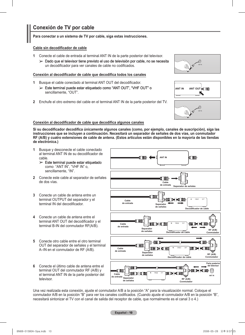 Conexión de tv por cabl�e | Samsung PN50A510P3FXZA User Manual | Page 94 / 162