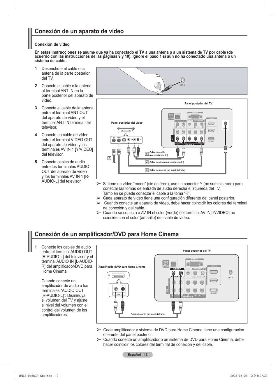 Conexión de un aparato de vídeo, Conexión de un ampl�ificador/dvd para home cinema | Samsung PN50A510P3FXZA User Manual | Page 97 / 162