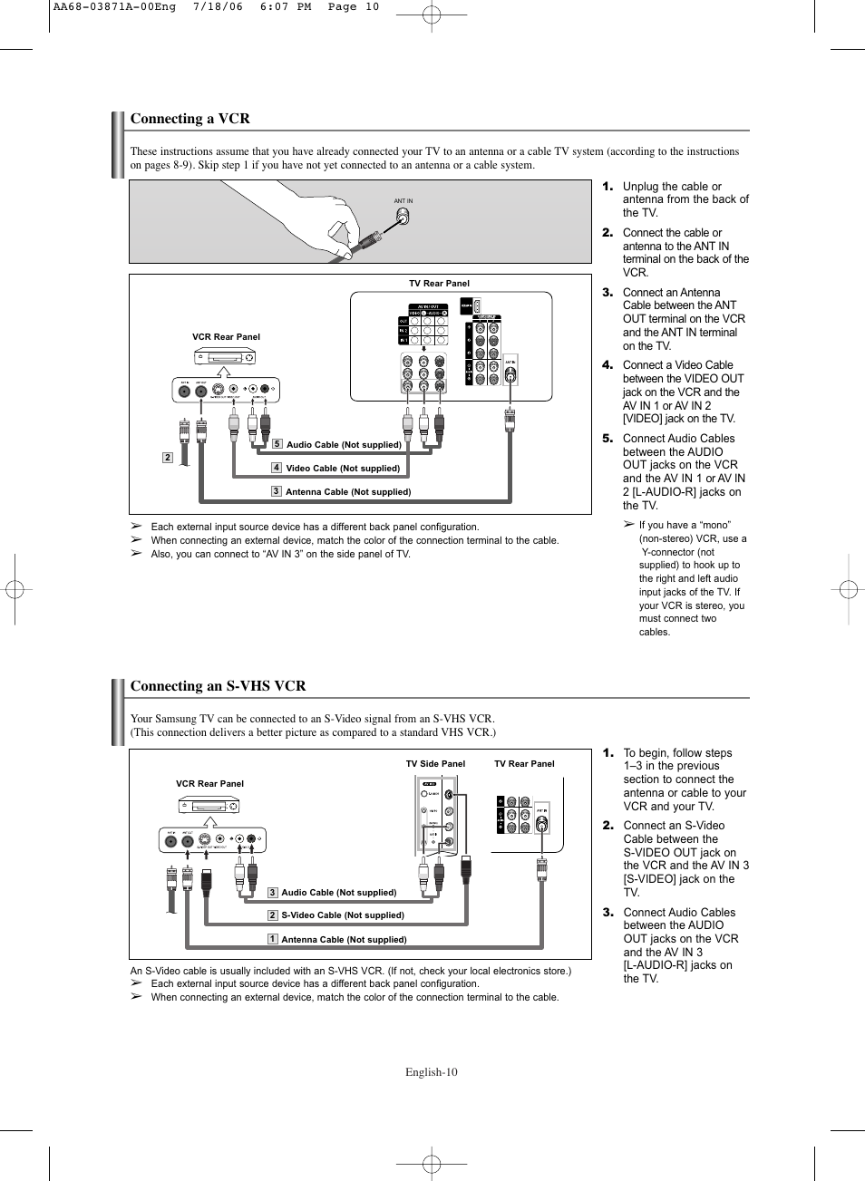 Connecting a vcr, Connecting an s-vhs vcr | Samsung TXS3064WRX-XAC User Manual | Page 10 / 36