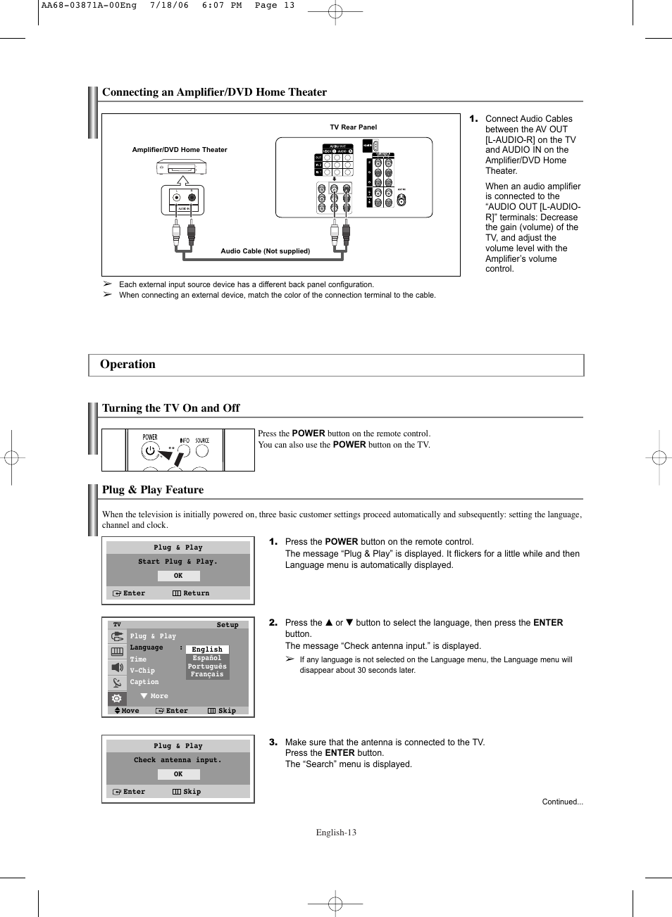Connecting an amplifier/dvd home theater, Operation, Turning the tv on and off | Plug & play feature | Samsung TXS3064WRX-XAC User Manual | Page 13 / 36