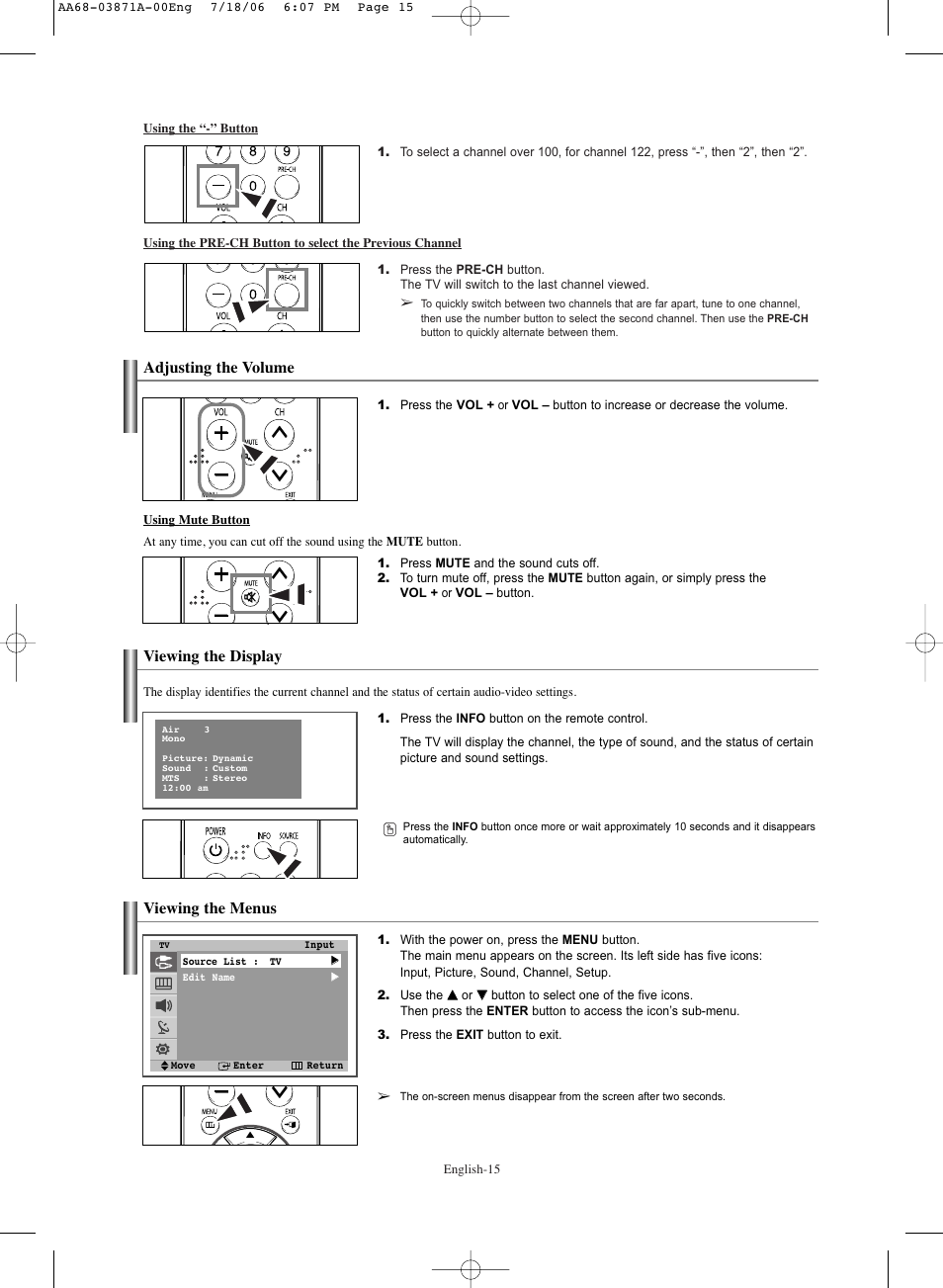 Adjusting the volume, Viewing the display, Viewing the menus | Adjusting the volume viewing the display | Samsung TXS3064WRX-XAC User Manual | Page 15 / 36