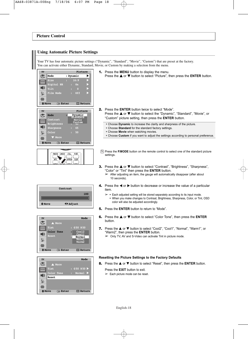 Picture control, Using automatic picture settings | Samsung TXS3064WRX-XAC User Manual | Page 18 / 36