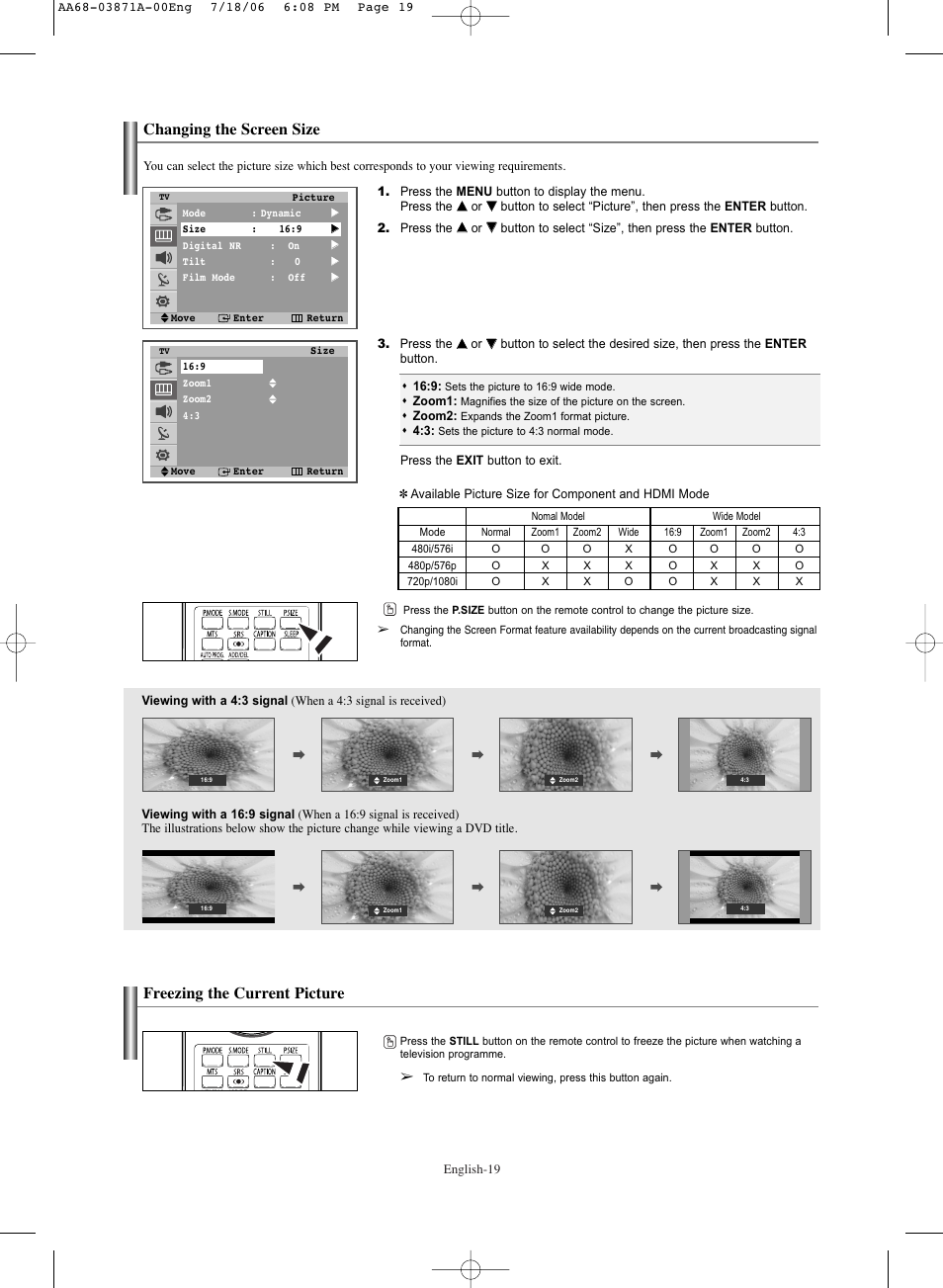 Changing the screen size, Freezing the current picture | Samsung TXS3064WRX-XAC User Manual | Page 19 / 36