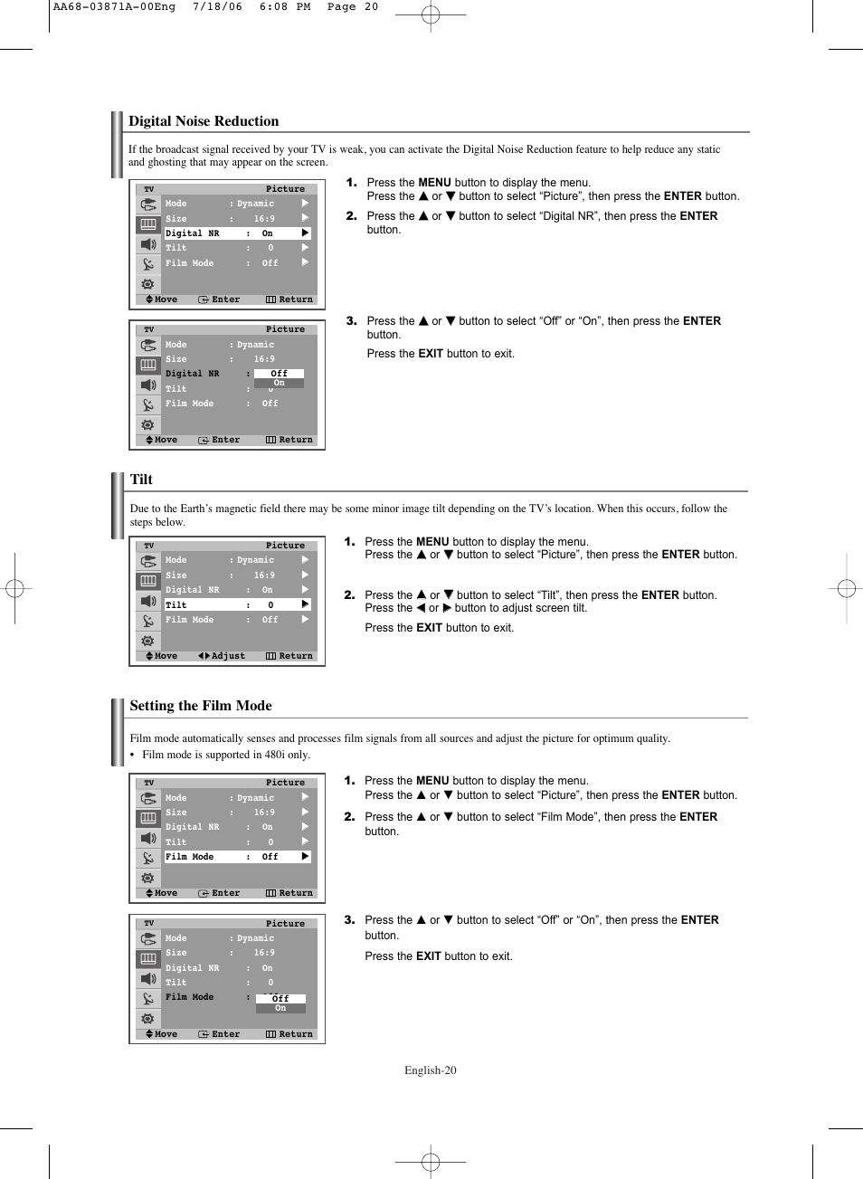 Digital noise reduction, Tilt, Setting the film mode | Samsung TXS3064WRX-XAC User Manual | Page 20 / 36