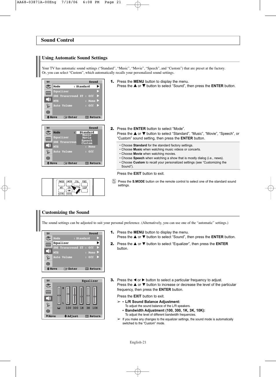Sound control, Using automatic sound settings, Customizing the sound | Samsung TXS3064WRX-XAC User Manual | Page 21 / 36