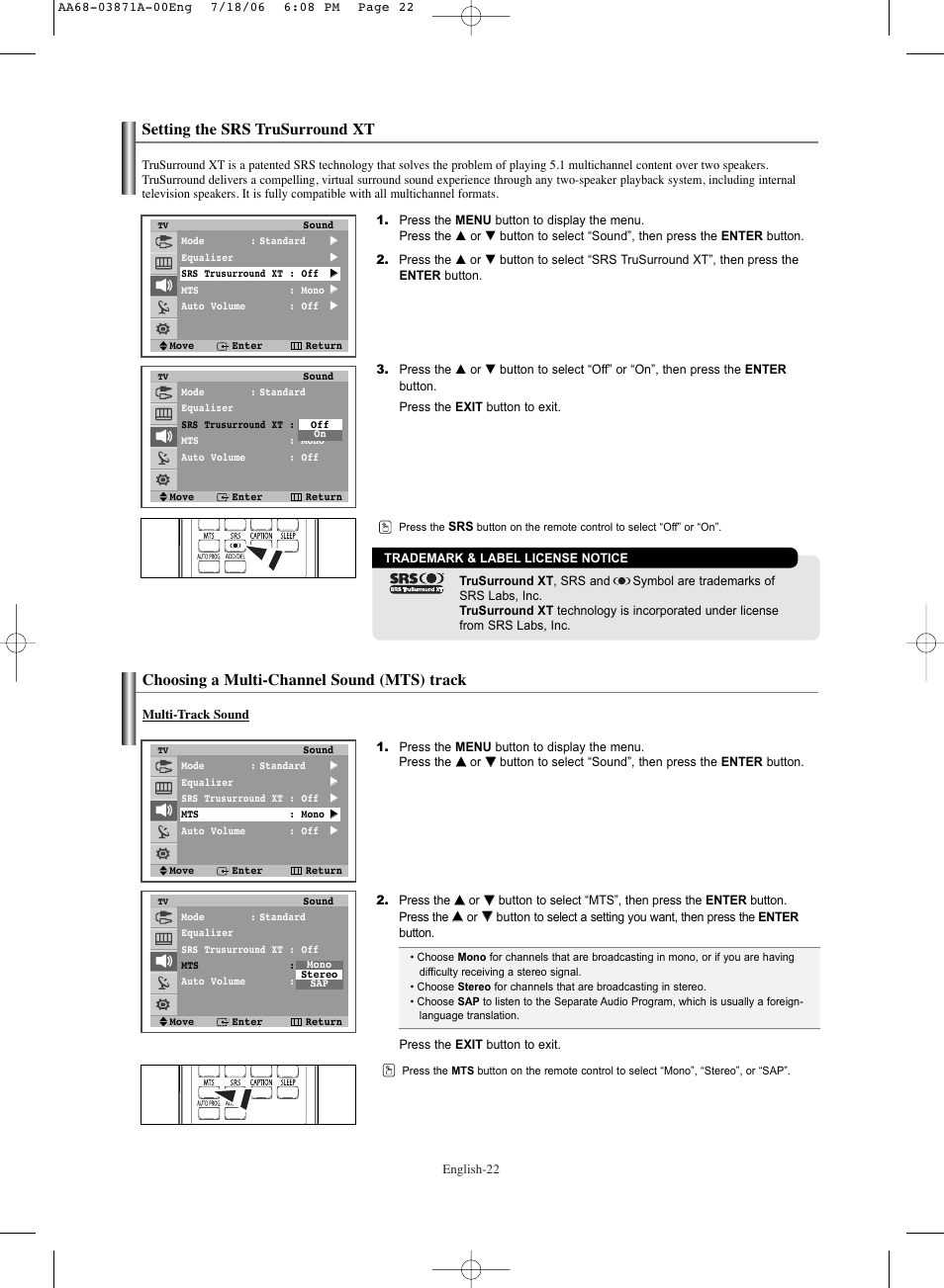 Setting the srs trusurround xt, Choosing a multi-channel sound (mts) track | Samsung TXS3064WRX-XAC User Manual | Page 22 / 36