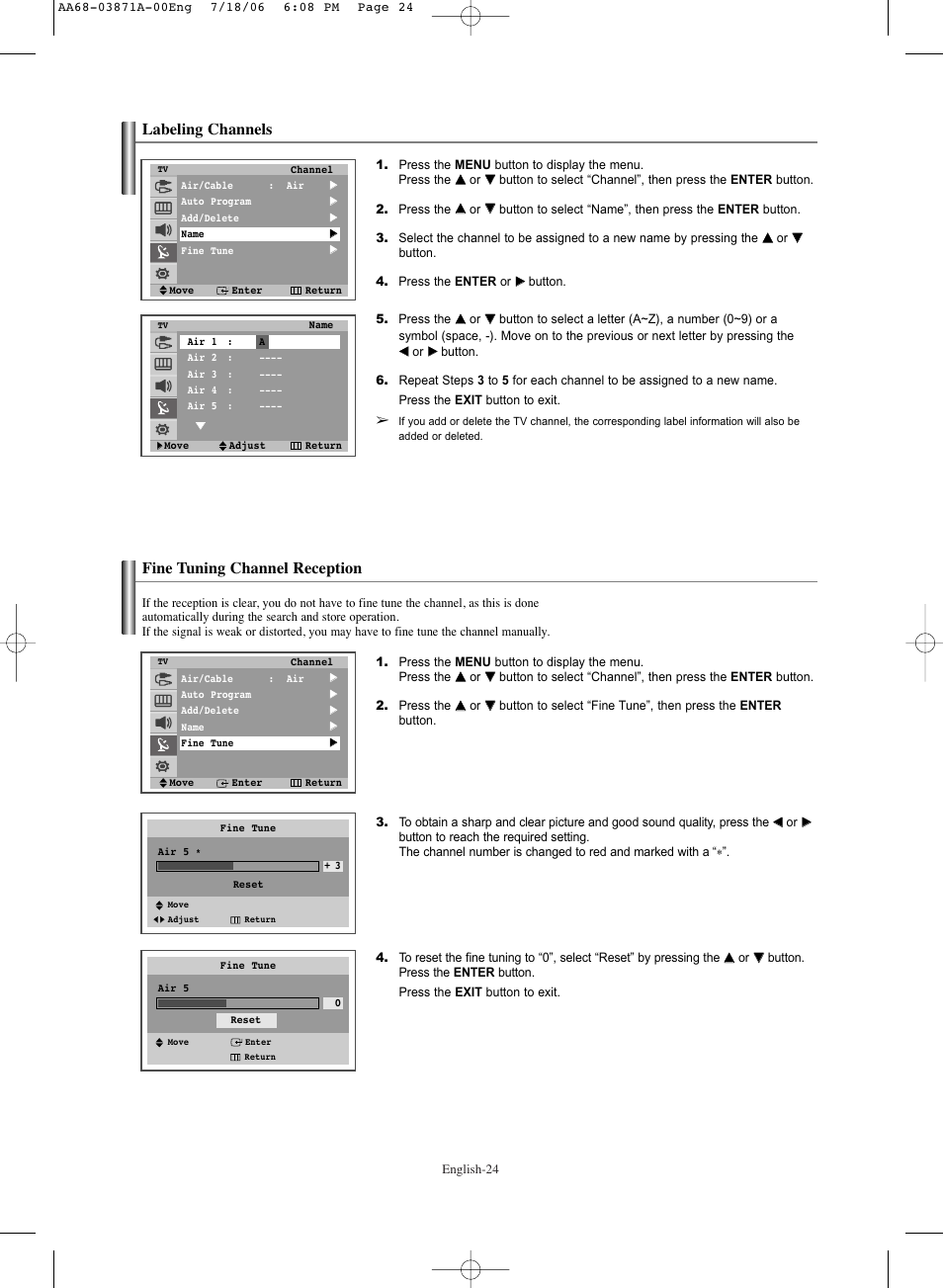 Labeling channels, Fine tuning channel reception | Samsung TXS3064WRX-XAC User Manual | Page 24 / 36