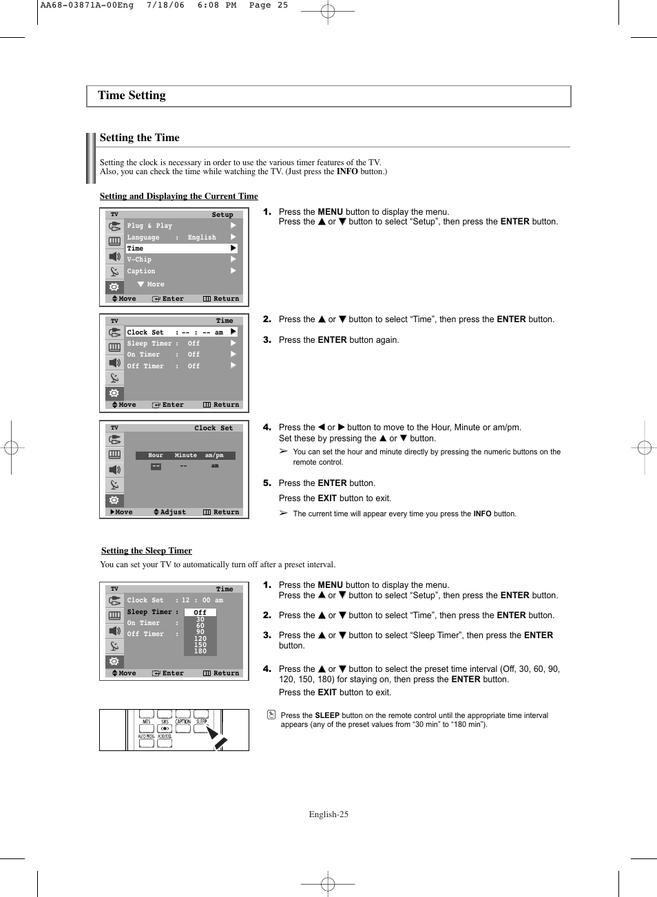 Time setting, Setting the time | Samsung TXS3064WRX-XAC User Manual | Page 25 / 36