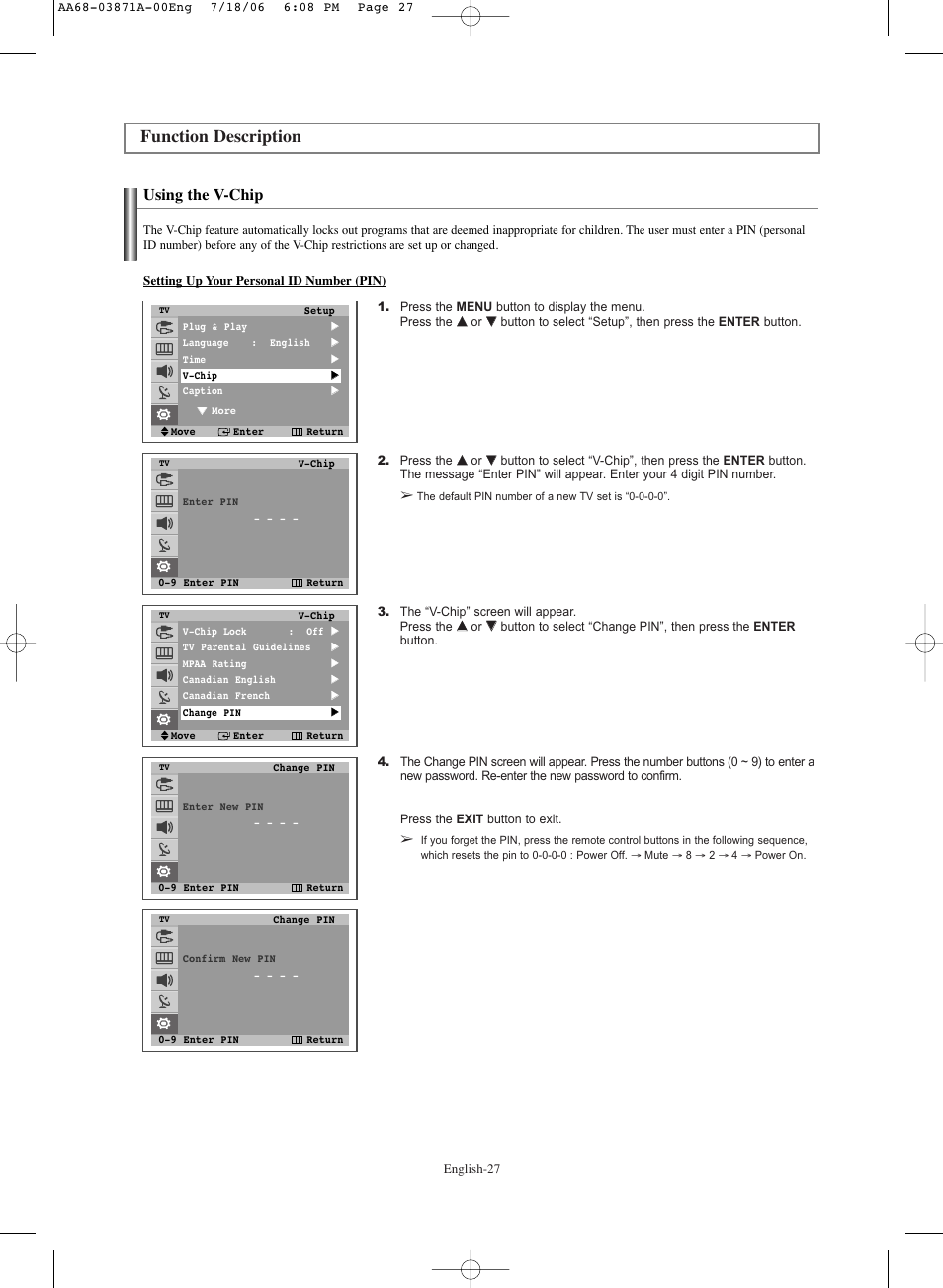 Function description, Using the v-chip | Samsung TXS3064WRX-XAC User Manual | Page 27 / 36