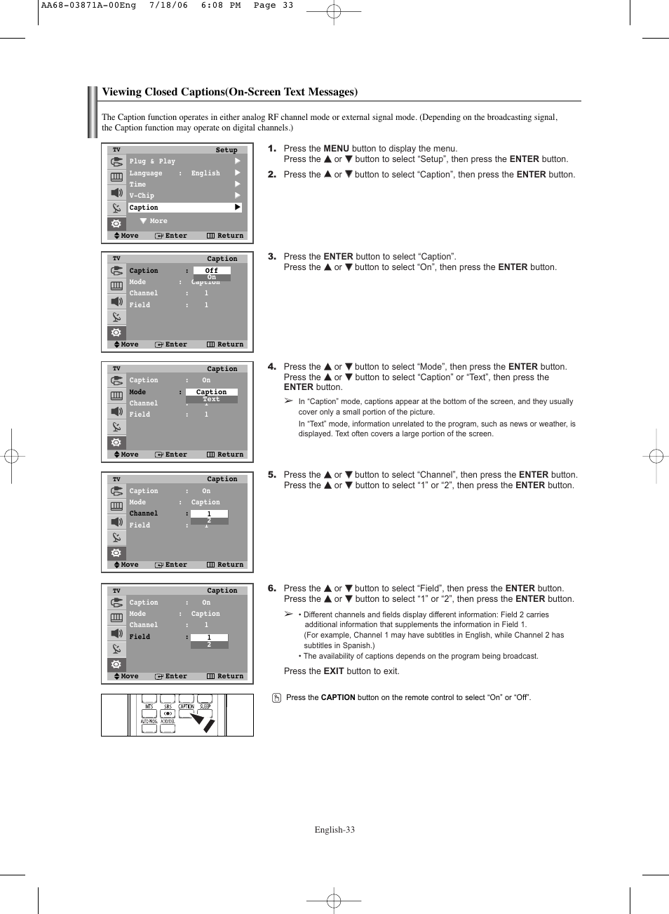 Viewing closed captions(on-screen text messages) | Samsung TXS3064WRX-XAC User Manual | Page 33 / 36