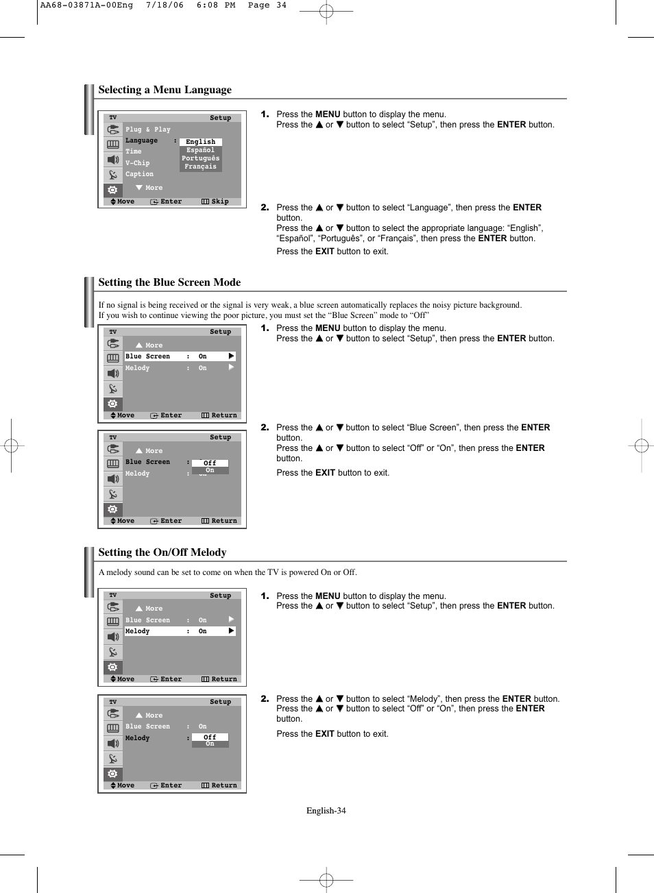 Selecting a menu language, Setting the blue screen mode, Setting the on/off melody | Samsung TXS3064WRX-XAC User Manual | Page 34 / 36