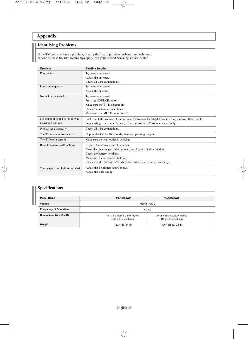 Appendix, Identifying problems, Specifications | Samsung TXS3064WRX-XAC User Manual | Page 35 / 36