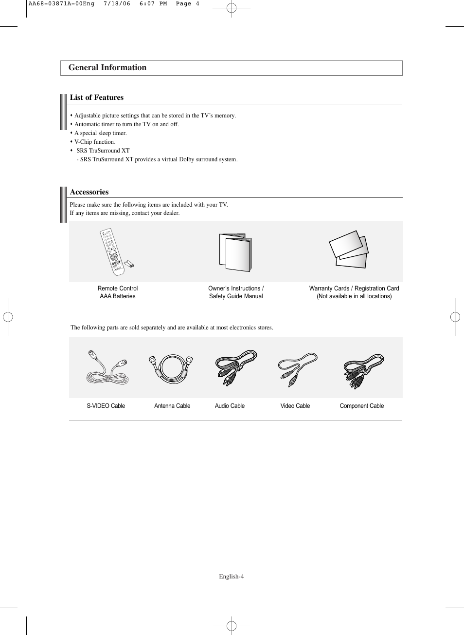 General information, List of features, Accessories | Samsung TXS3064WRX-XAC User Manual | Page 4 / 36