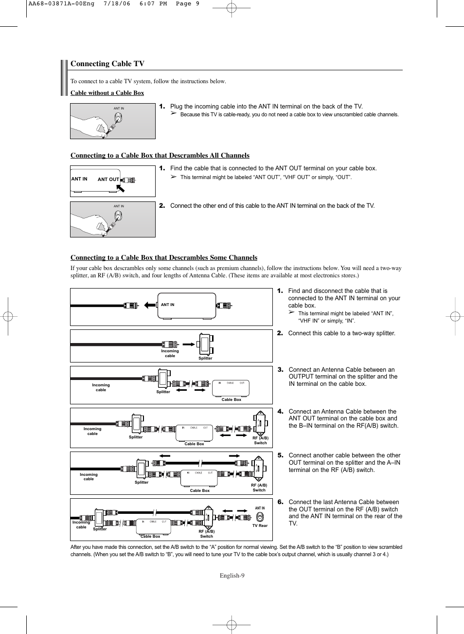 Connecting cable tv | Samsung TXS3064WRX-XAC User Manual | Page 9 / 36