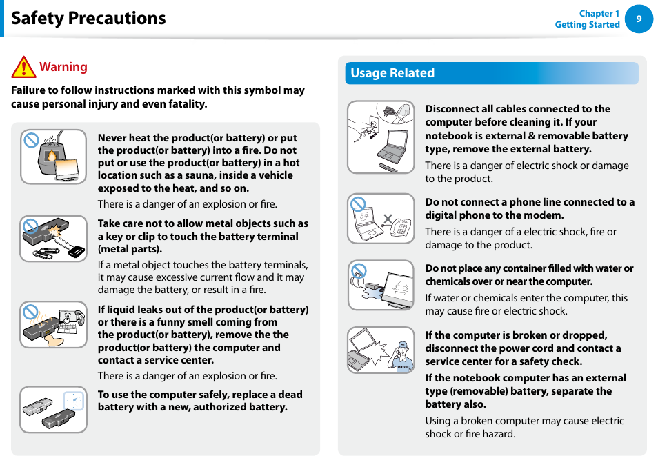 Safety precautions, Usage related, Warning | Samsung DP515A2G-K01US User Manual | Page 10 / 144