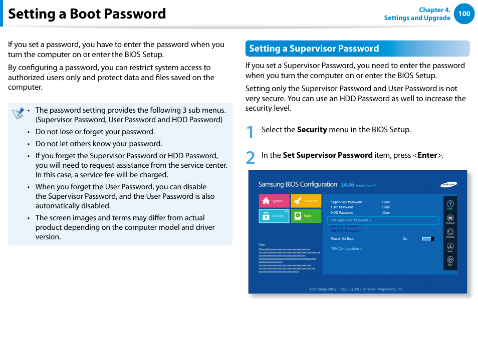 Setting a boot password, Setting a supervisor password | Samsung DP515A2G-K01US User Manual | Page 101 / 144