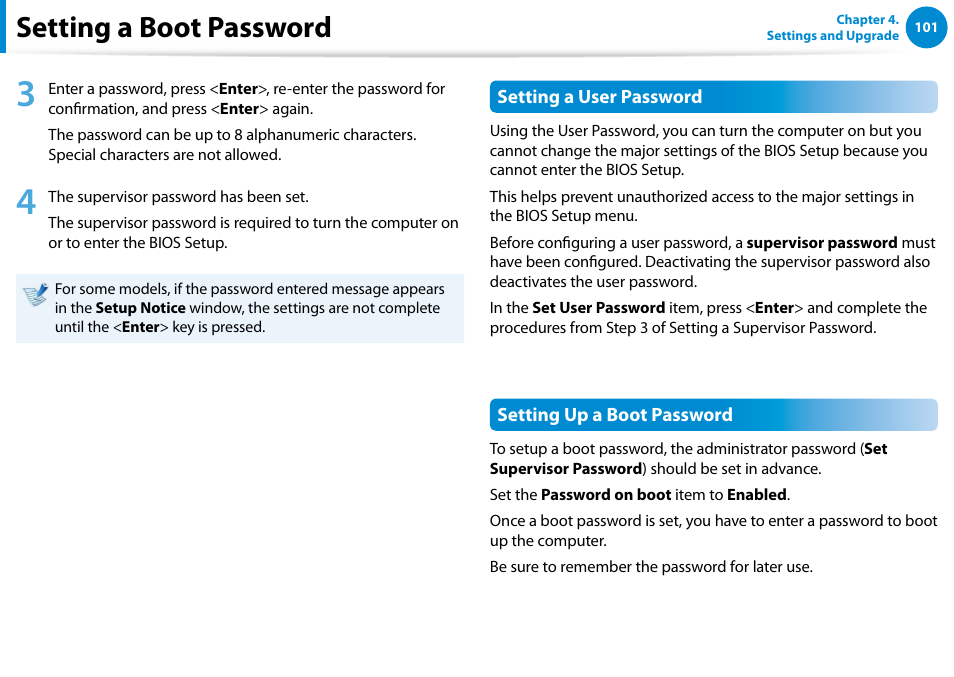 Setting a boot password | Samsung DP515A2G-K01US User Manual | Page 102 / 144