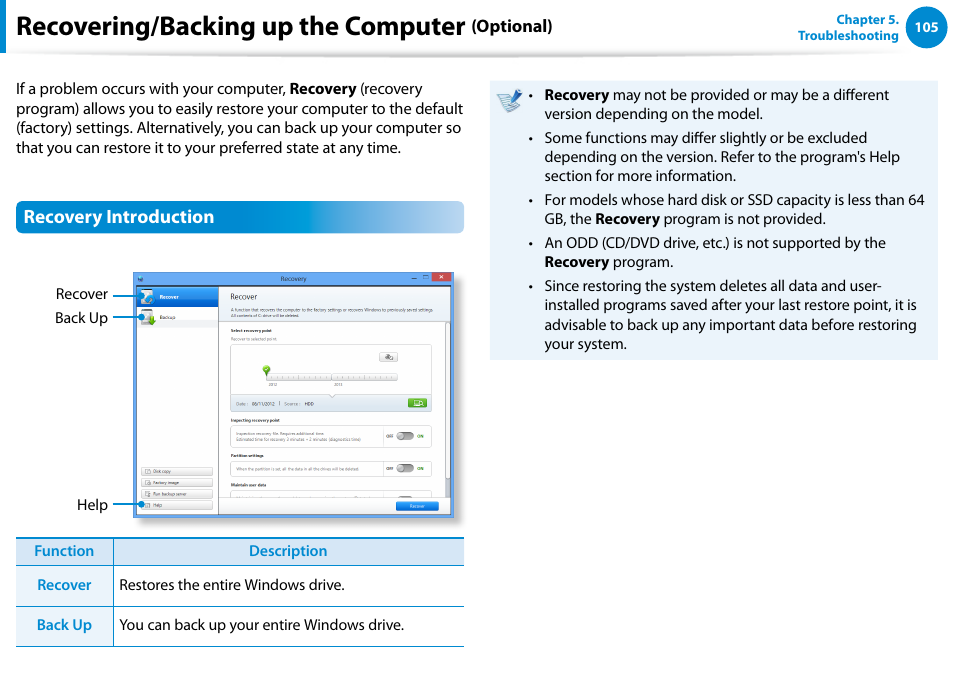 Recovering/backing up the computer (optional), Recovering/backing up the computer (optional) 105, Recovering/backing up the computer | Recovery introduction | Samsung DP515A2G-K01US User Manual | Page 106 / 144