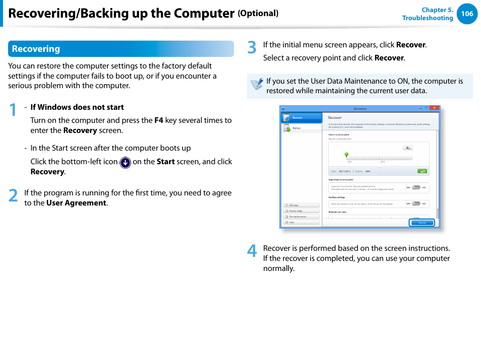 Recovering/backing up the computer | Samsung DP515A2G-K01US User Manual | Page 107 / 144