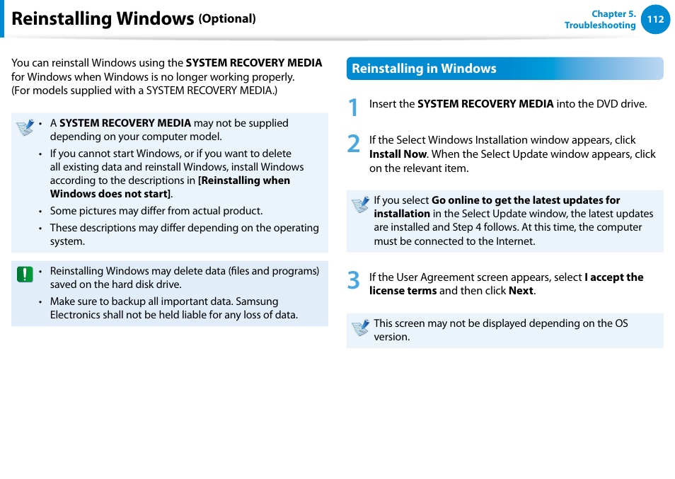 Reinstalling windows (optional), Reinstalling windows | Samsung DP515A2G-K01US User Manual | Page 113 / 144