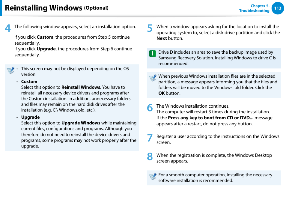 Reinstalling windows | Samsung DP515A2G-K01US User Manual | Page 114 / 144