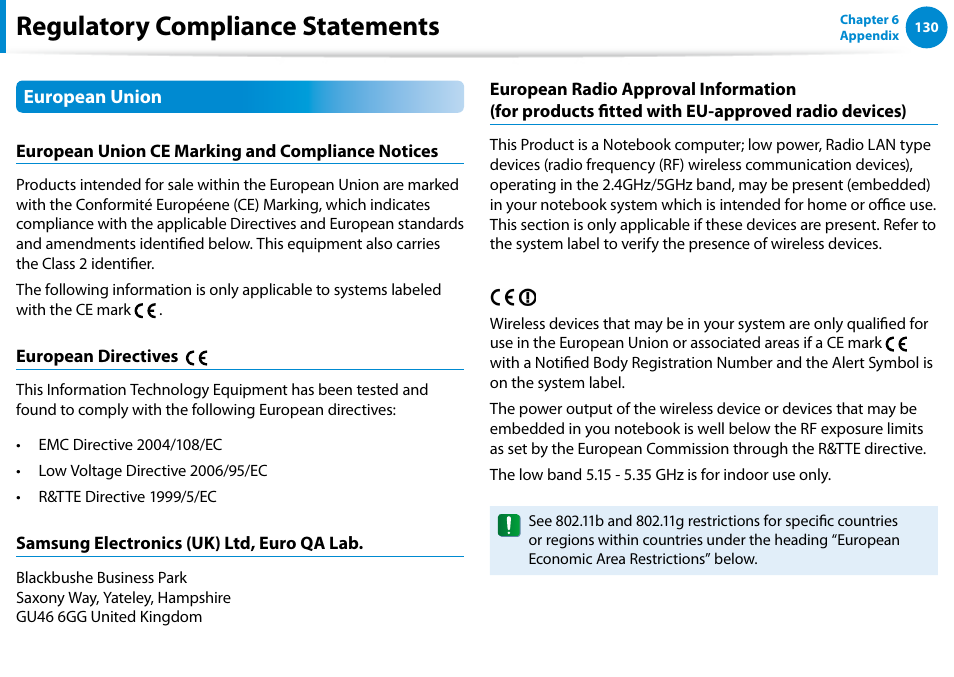 Regulatory compliance statements | Samsung DP515A2G-K01US User Manual | Page 131 / 144