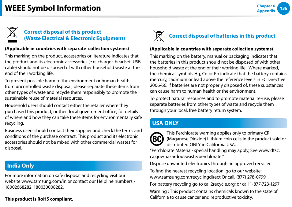 Weee symbol information | Samsung DP515A2G-K01US User Manual | Page 137 / 144