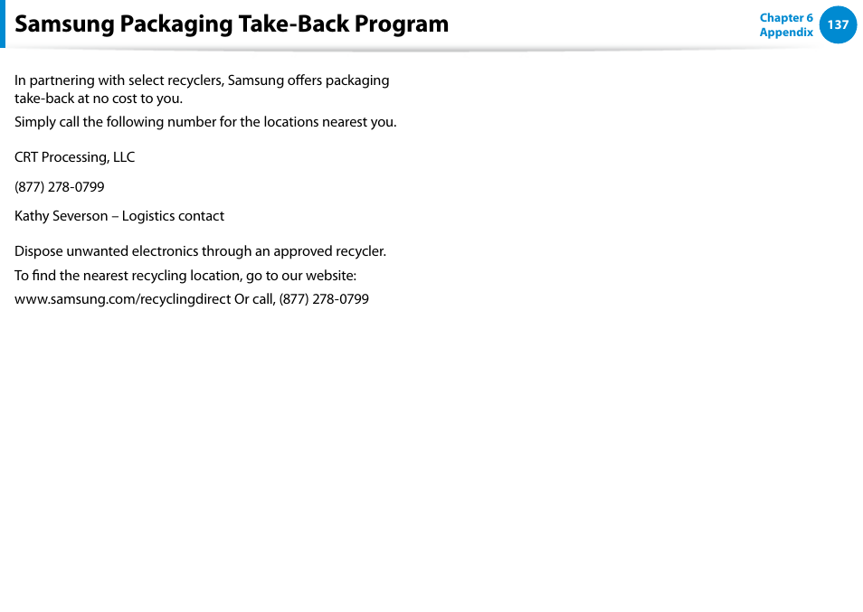 Samsung packaging take-back program | Samsung DP515A2G-K01US User Manual | Page 138 / 144
