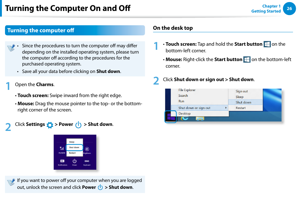 Turning the computer on and off | Samsung DP515A2G-K01US User Manual | Page 27 / 144