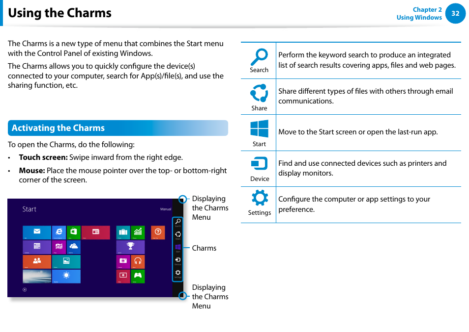 Using the charms, Activating the charms | Samsung DP515A2G-K01US User Manual | Page 33 / 144