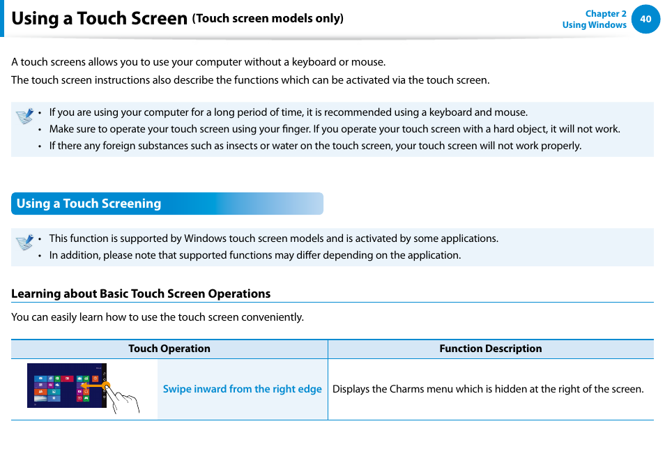 Using a touch screen (touch screen models only), Using a touch screen (touch screen models only) 40, Using a touch screen | Samsung DP515A2G-K01US User Manual | Page 41 / 144