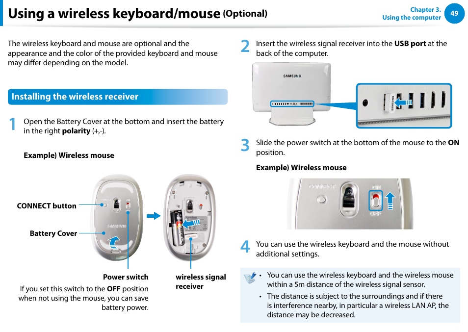 Using a wireless keyboard/mouse (optional), Using a wireless keyboard/mouse | Samsung DP515A2G-K01US User Manual | Page 50 / 144