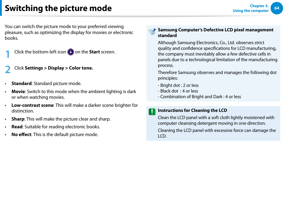 Switching the picture mode | Samsung DP515A2G-K01US User Manual | Page 65 / 144