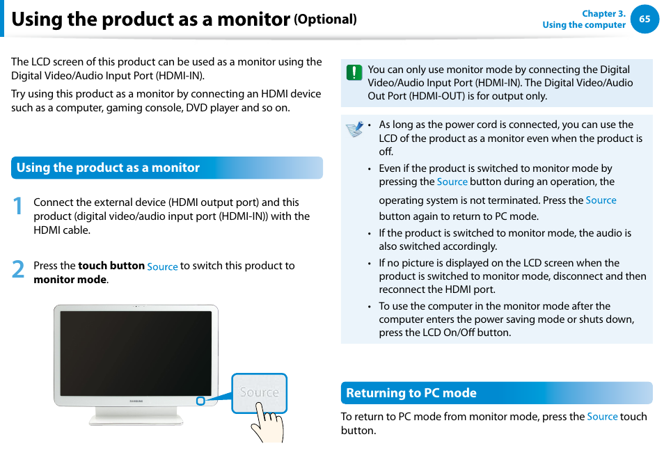Using the product as a monitor (optional), Using the product as a monitor | Samsung DP515A2G-K01US User Manual | Page 66 / 144