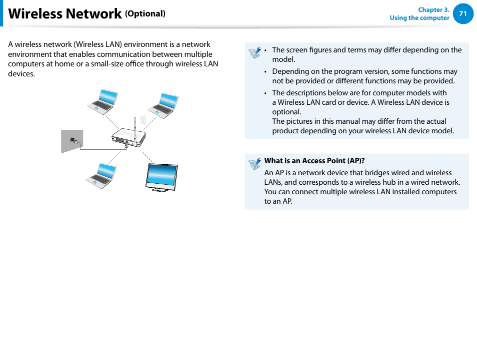 Wireless network (optional), Wireless network | Samsung DP515A2G-K01US User Manual | Page 72 / 144