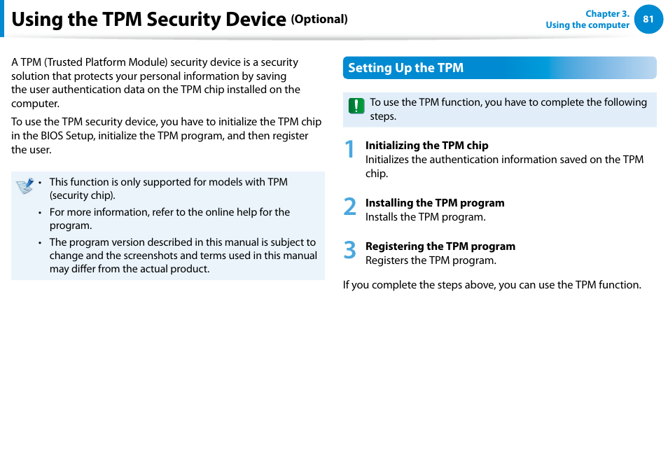 Using the tpm security device (optional), Using the tpm security device | Samsung DP515A2G-K01US User Manual | Page 82 / 144